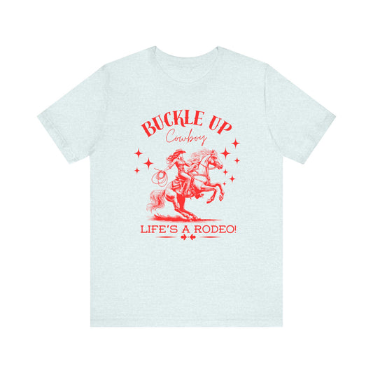 Red Buckle Up Cowboy Bella+Canvas Unisex Jersey Short Sleeve Tee