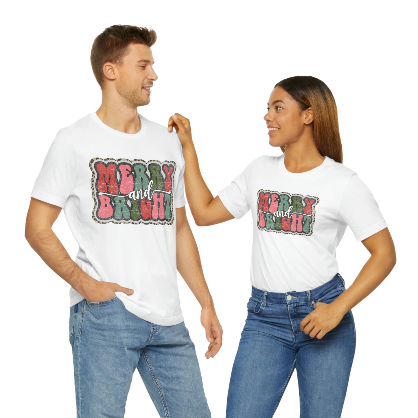 Retro Merry & Bright Women's Christmas T-Shirt Bella+Canvas Unisex Jersey Short Sleeve Tee