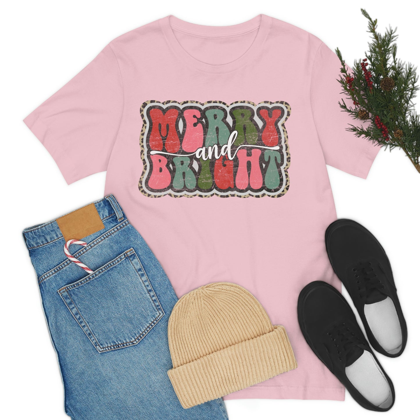 Retro Merry & Bright Women's Christmas T-Shirt Bella+Canvas Unisex Jersey Short Sleeve Tee