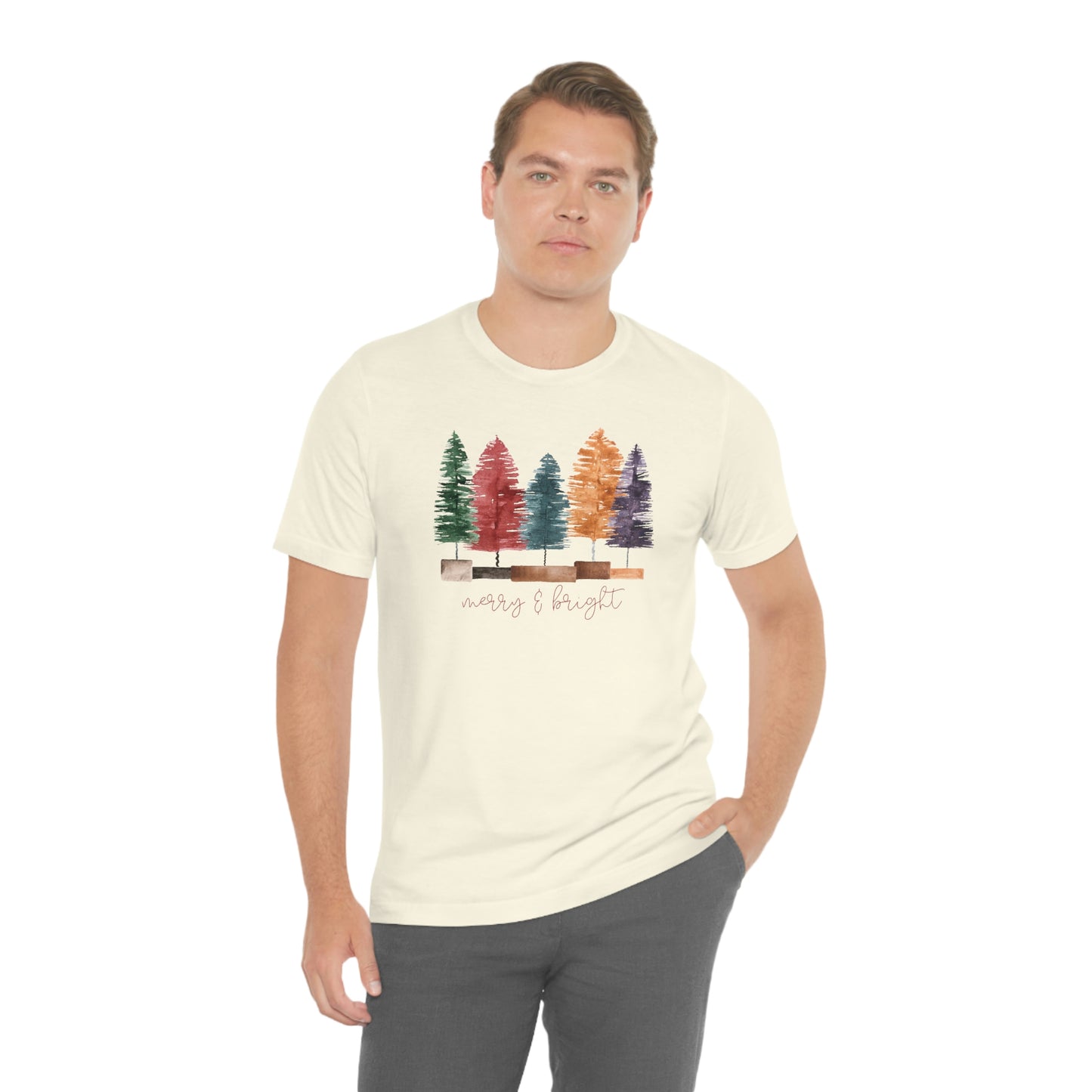 Christmas multi color bottle brush tree Unisex Jersey Short Sleeve Tee