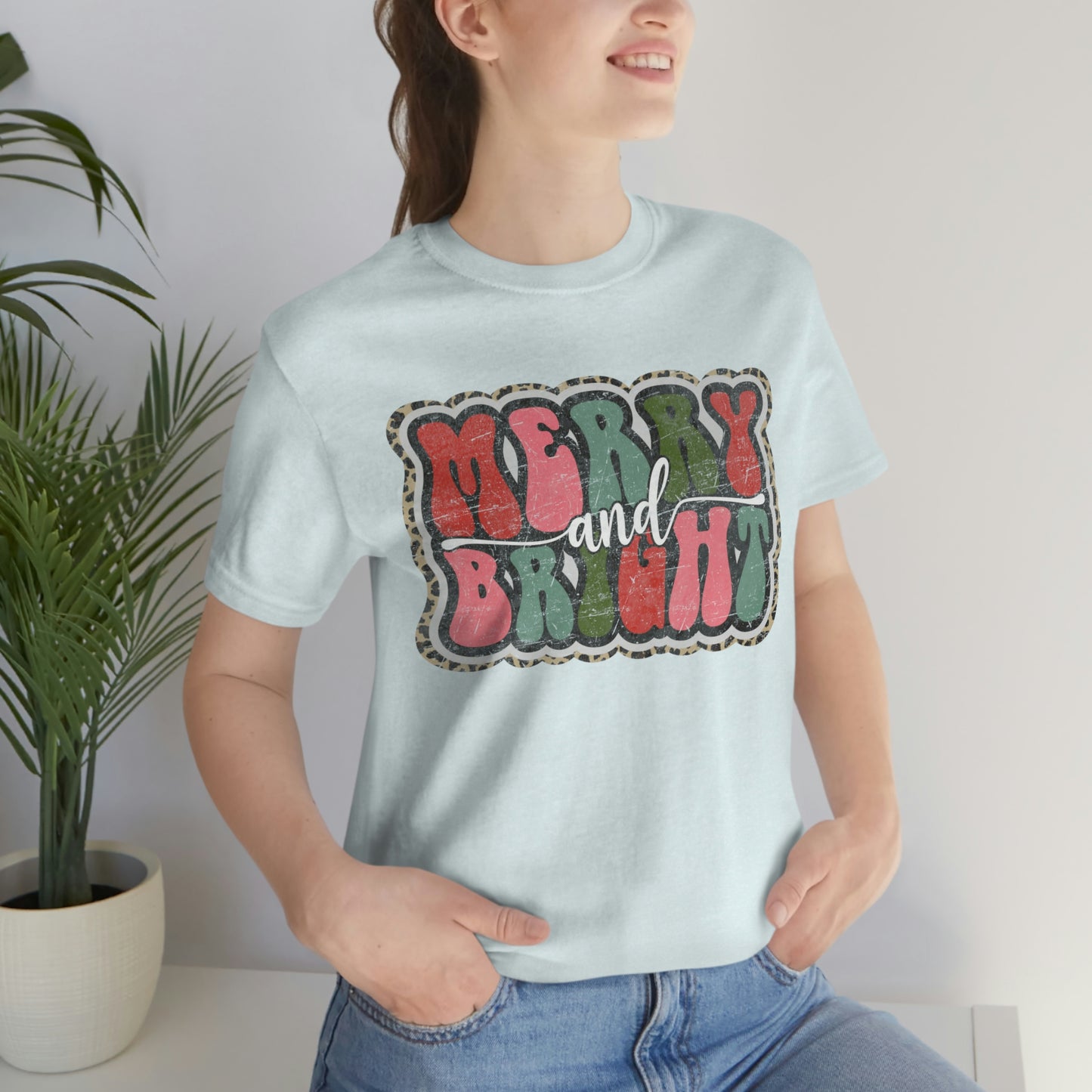 Retro Merry & Bright Women's Christmas T-Shirt Bella+Canvas Unisex Jersey Short Sleeve Tee