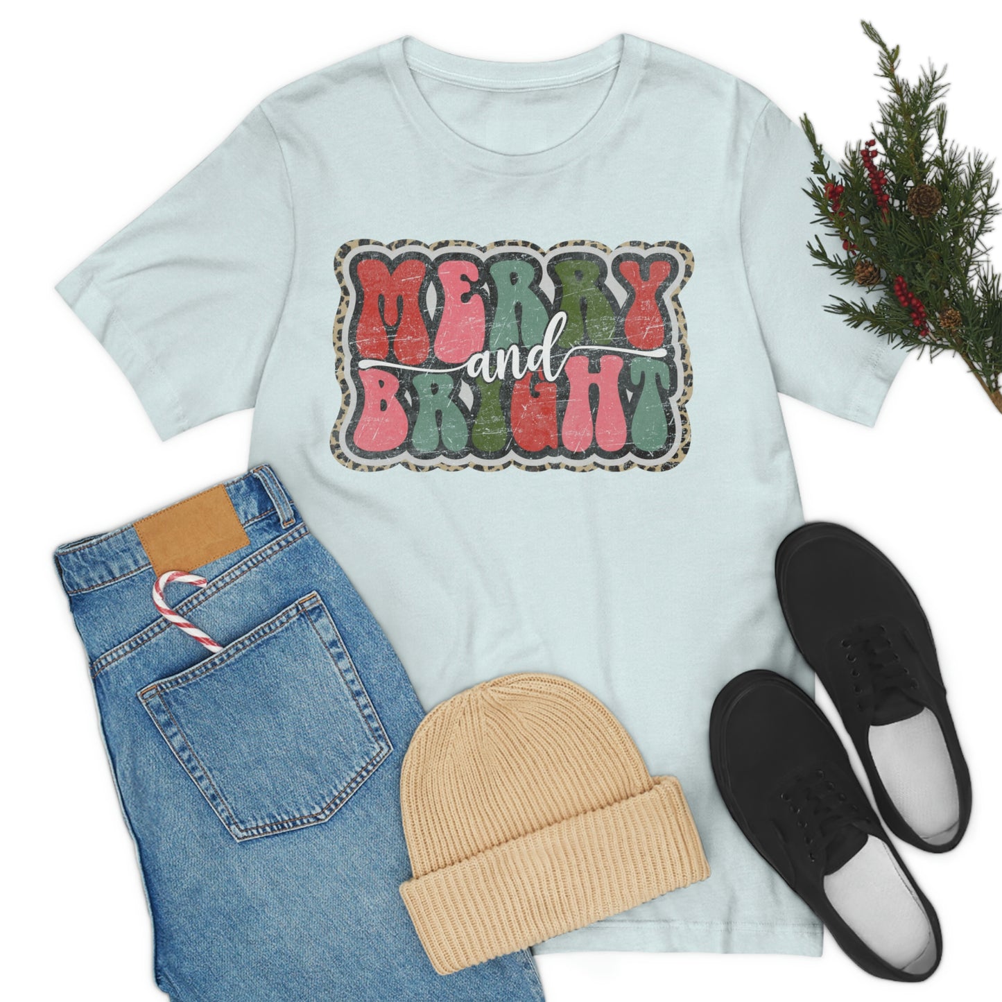 Retro Merry & Bright Women's Christmas T-Shirt Bella+Canvas Unisex Jersey Short Sleeve Tee