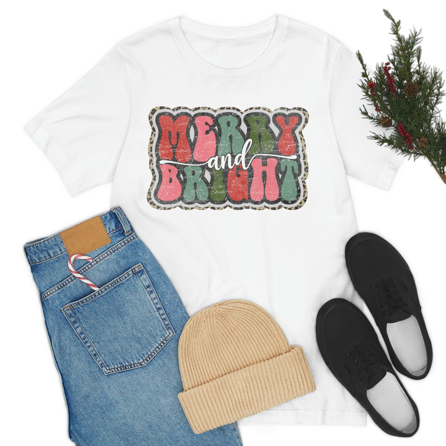 Retro Merry & Bright Women's Christmas T-Shirt Bella+Canvas Unisex Jersey Short Sleeve Tee