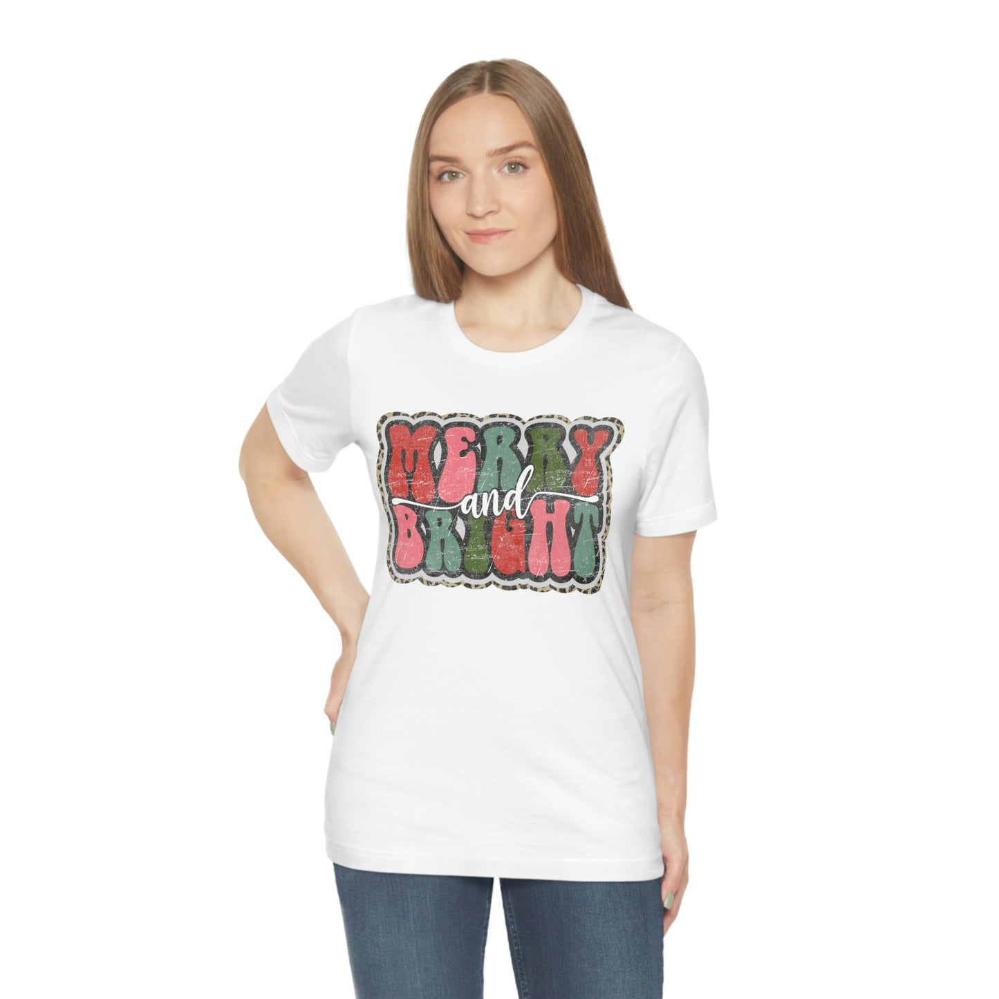 Retro Merry & Bright Women's Christmas T-Shirt Bella+Canvas Unisex Jersey Short Sleeve Tee