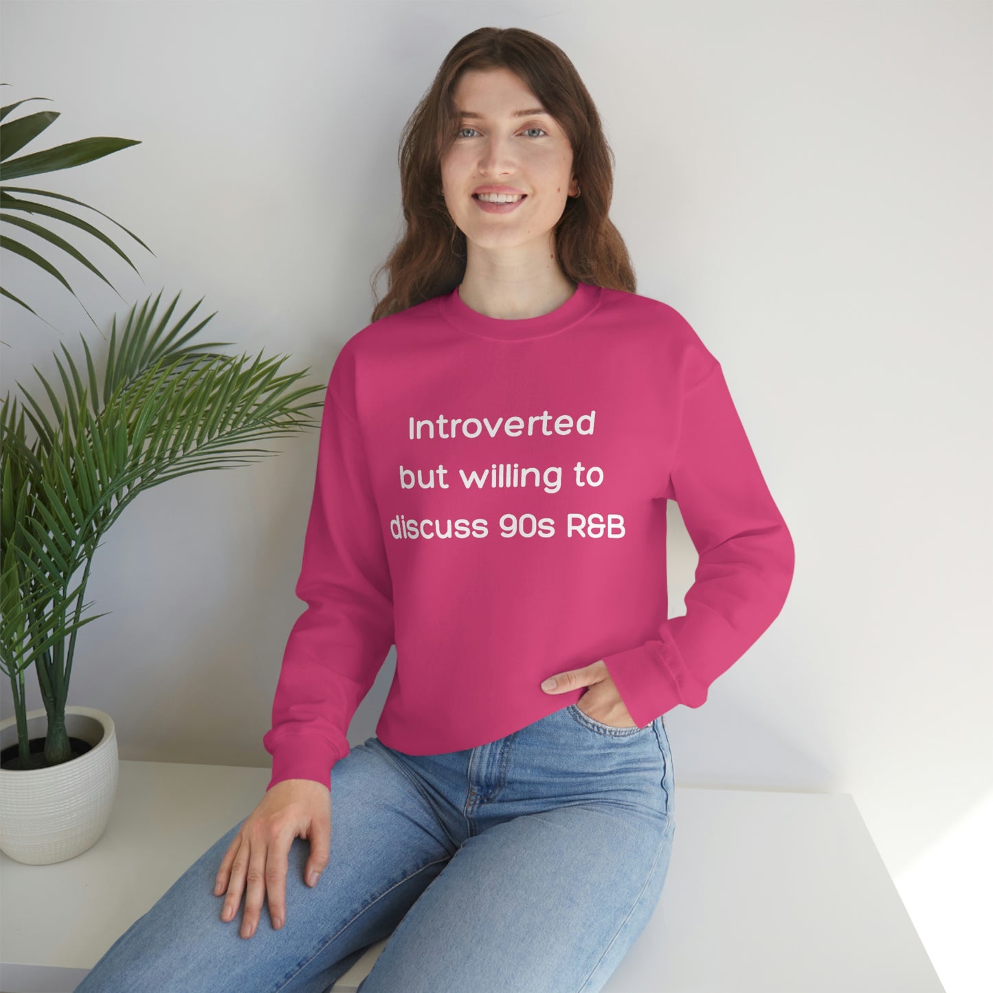 Introverted but willing to discuss 90s R&B Gildan 18000 Unisex Heavy Blend Crewneck Sweatshirt