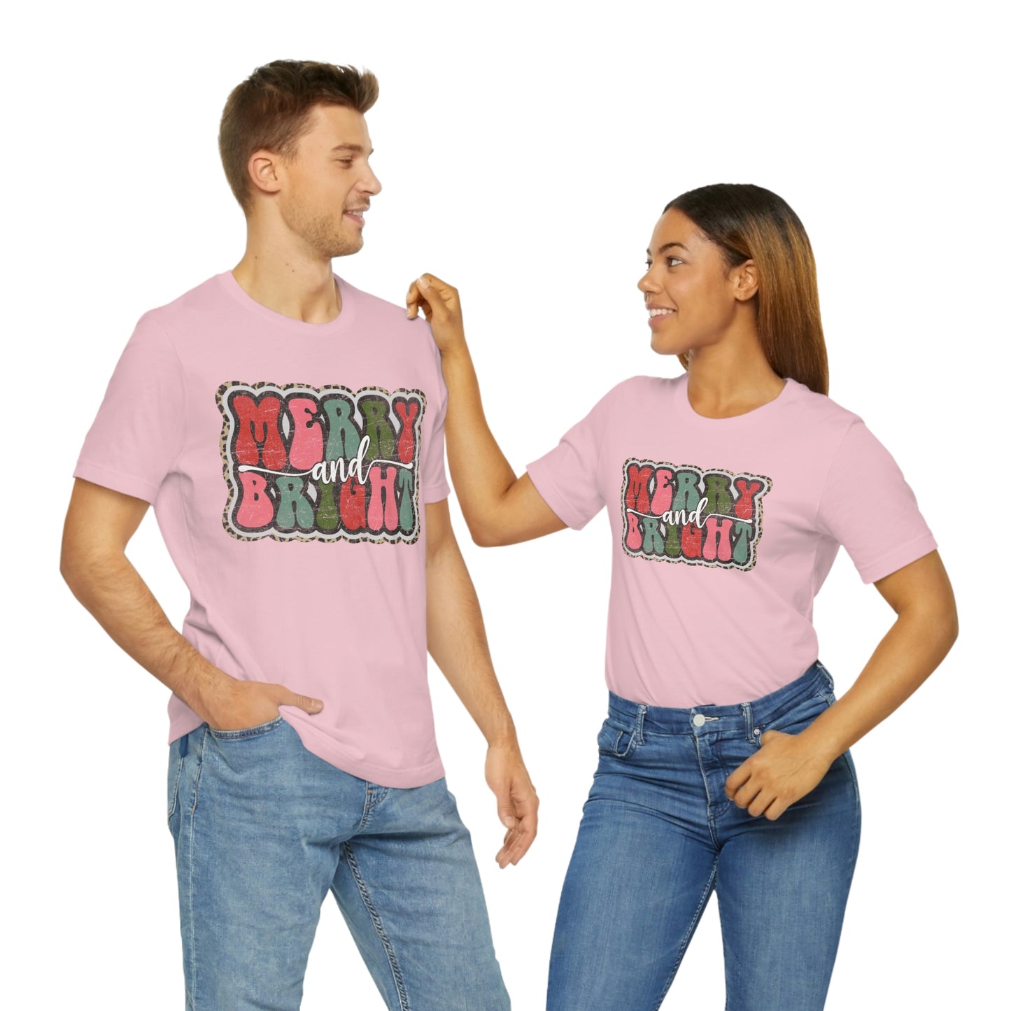 Retro Merry & Bright Women's Christmas T-Shirt Bella+Canvas Unisex Jersey Short Sleeve Tee