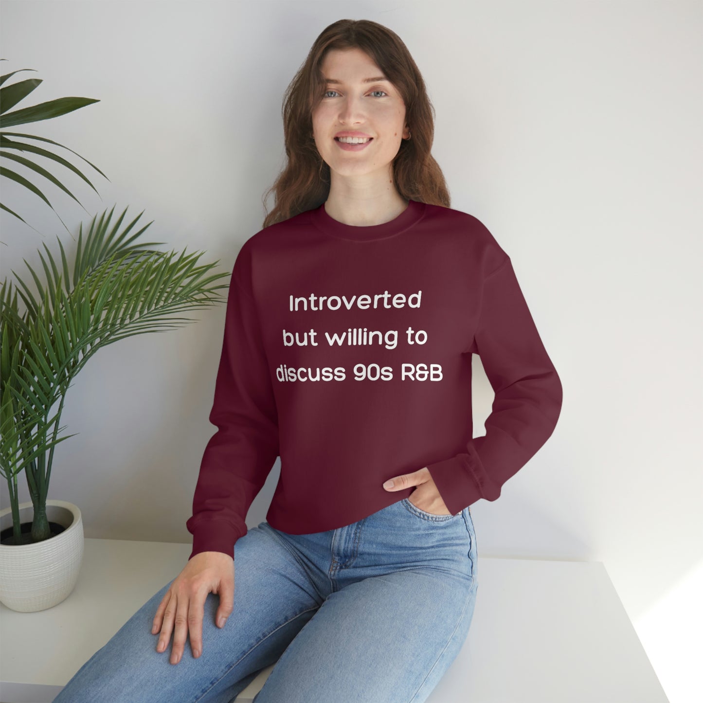 Introverted but willing to discuss 90s R&B Gildan 18000 Unisex Heavy Blend Crewneck Sweatshirt