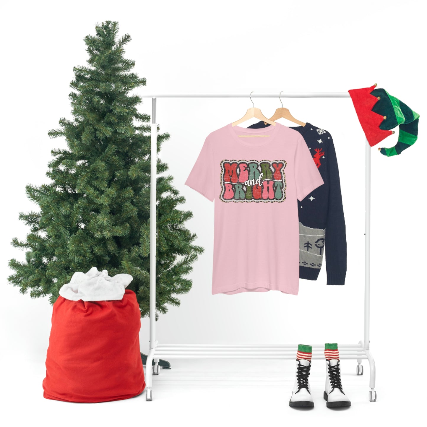 Retro Merry & Bright Women's Christmas T-Shirt Bella+Canvas Unisex Jersey Short Sleeve Tee