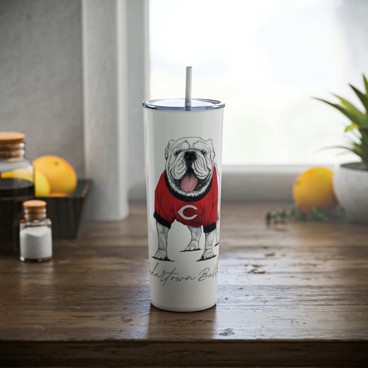 Cedartown Bulldogs Mascot School Spirit Skinny Steel Tumbler with Straw, 20oz