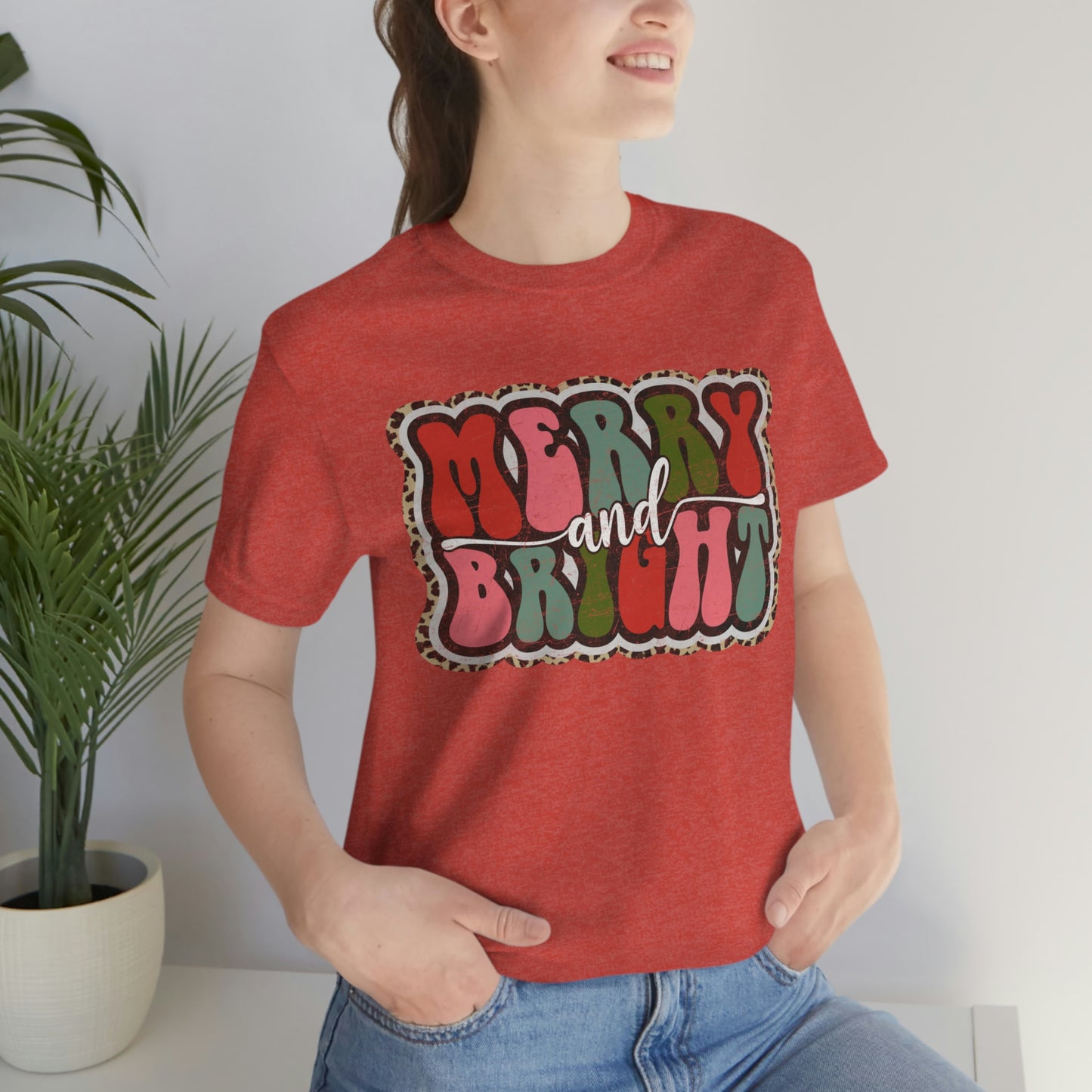 Retro Merry & Bright Women's Christmas T-Shirt Bella+Canvas Unisex Jersey Short Sleeve Tee