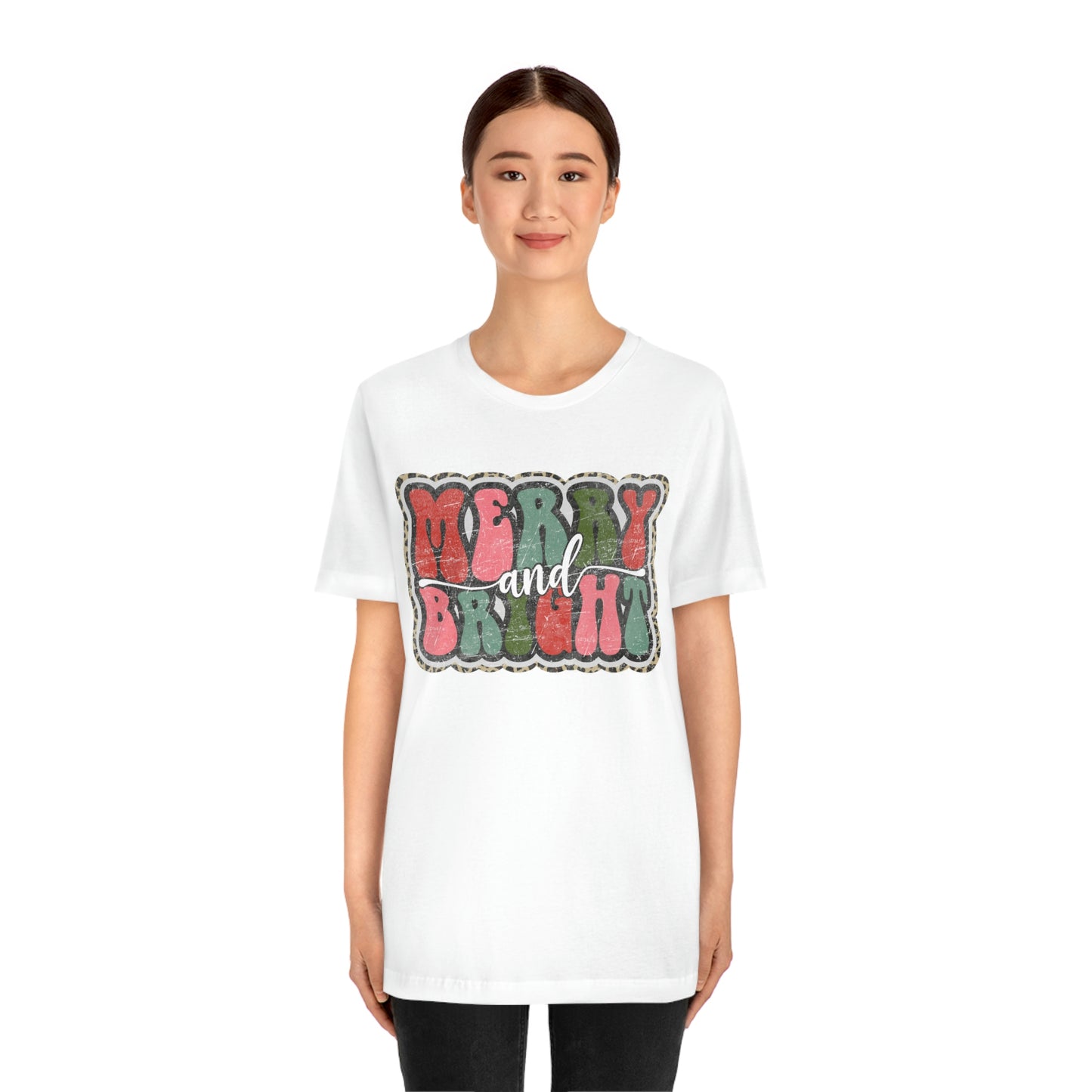 Retro Merry & Bright Women's Christmas T-Shirt Bella+Canvas Unisex Jersey Short Sleeve Tee